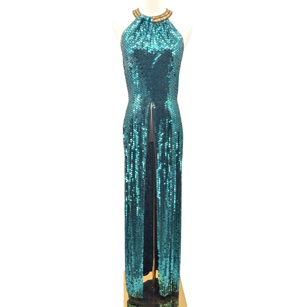 Vintage Scala Sequin Evening Gown Teal Halter Overlay High Slit Formal Dress 8